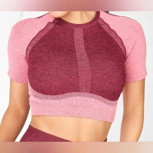 Fabletics Helena Seamless Two Tone Pink Round Neck Compression Crop Top, Small - Picture 6 of 6